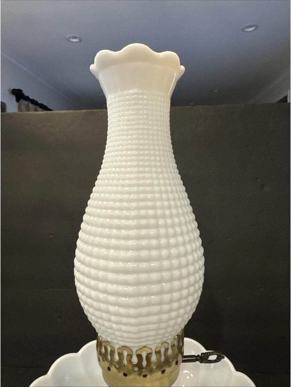 Rare Vintage Milk Glass Hurricane Lamp Bowl Trinket Base 17.5” H By 9” W Gold
